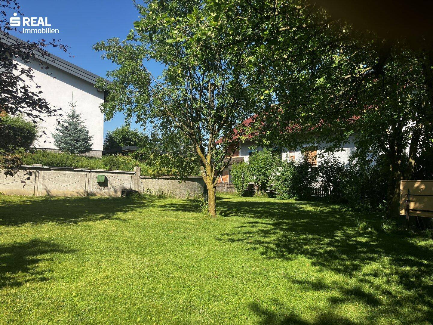 Sonniger Garten mit Rasenfläche und schattenspendenden Bäumen, umgeben von einer Mauer.