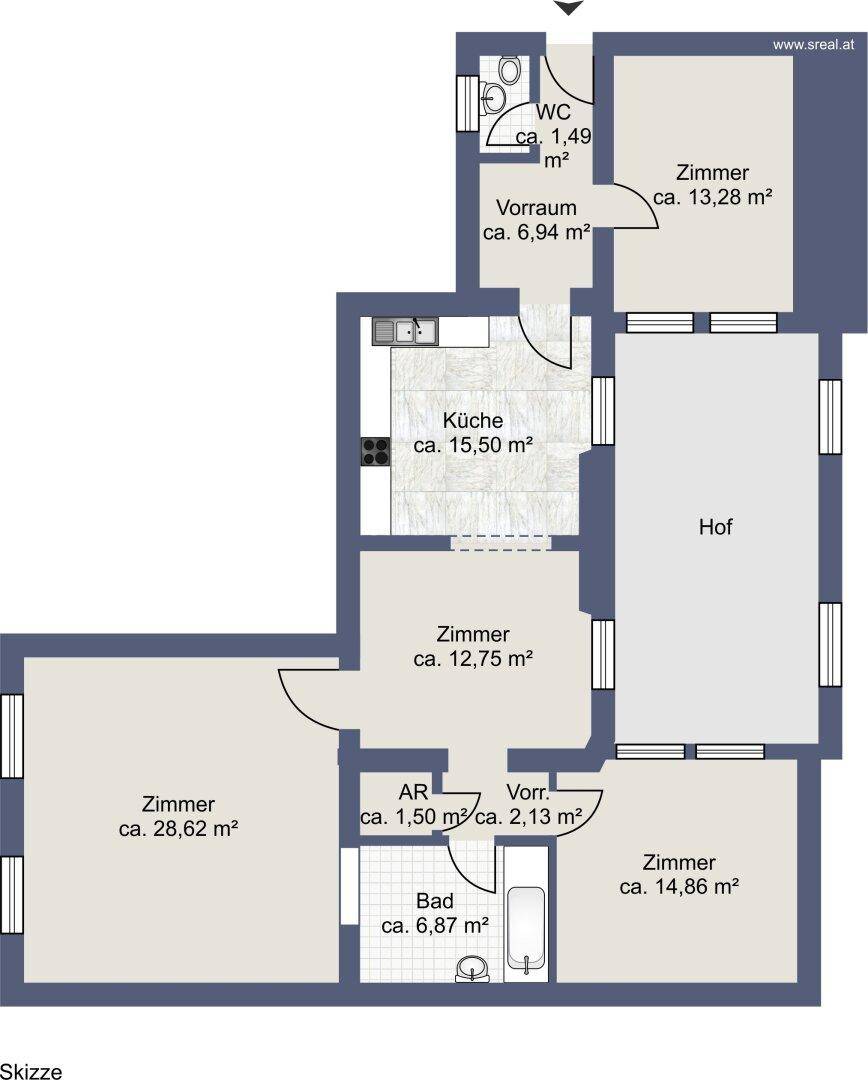 Grundriss der Wohnung zeigt eine praktische Aufteilung mit mehreren Zimmern, Küche und Bad.