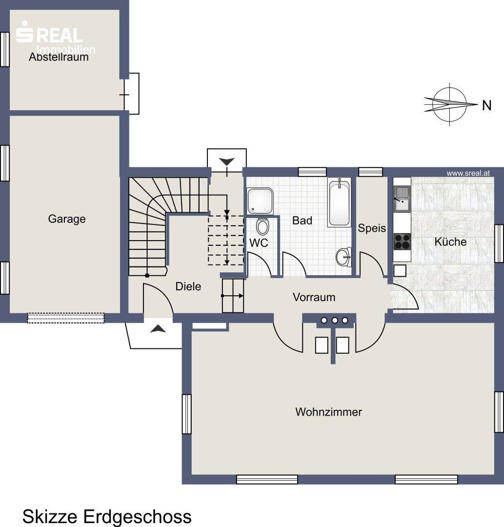 Grundriss des Erdgeschosses mit Wohnzimmer, Küche, Bad, WC und Garage.