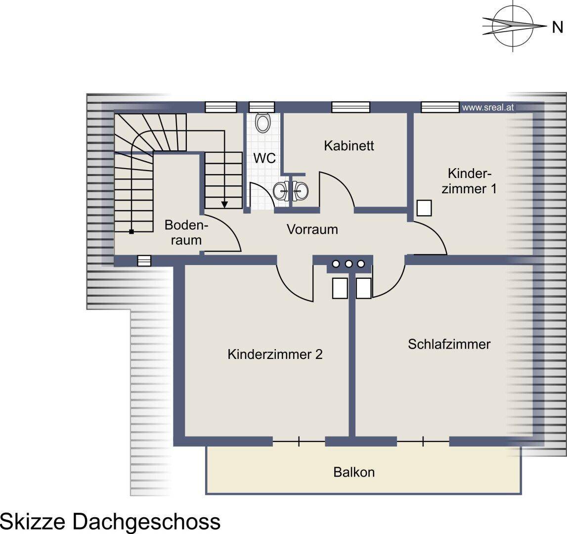 Grundriss des Dachgeschosses mit Schlafzimmern, Kabinett, WC und Balkon.