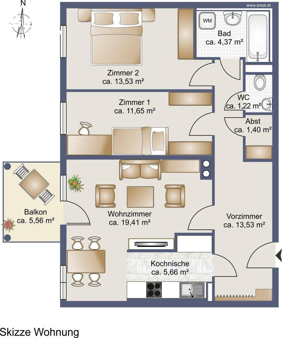 Detaillierter Grundriss der Wohnung mit Zimmern, Balkon und genauen Flächenangaben in Quadratmetern.