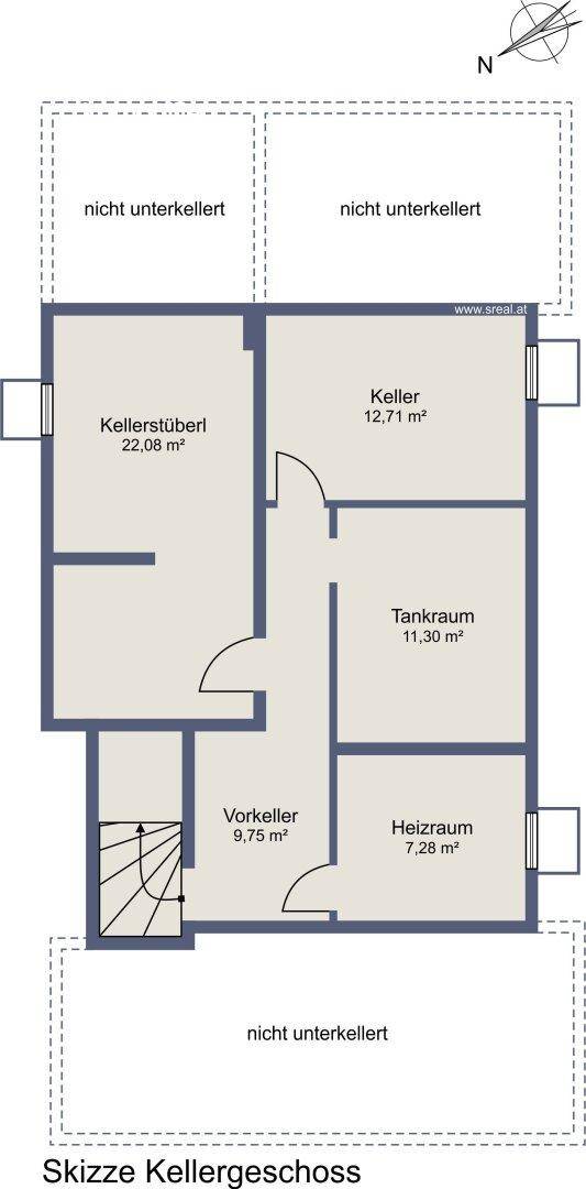 Grundriss des Kellergeschosses mit Kellerräumen, Tankraum und Heizraum.