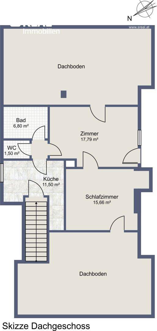 Grundriss des Dachgeschosses mit Schlafzimmer, Zimmer, Bad und Dachbodenflächen.