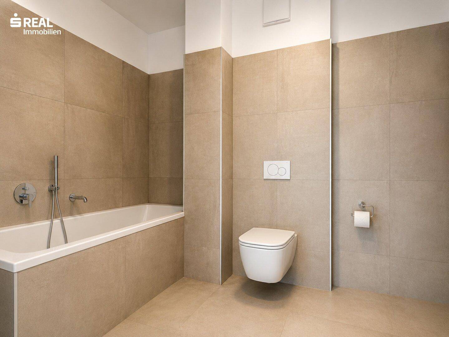 Modernes Badezimmer mit Badewanne, Wand-WC und beigefarbenen Fliesen, in neuwertigem Zustand.