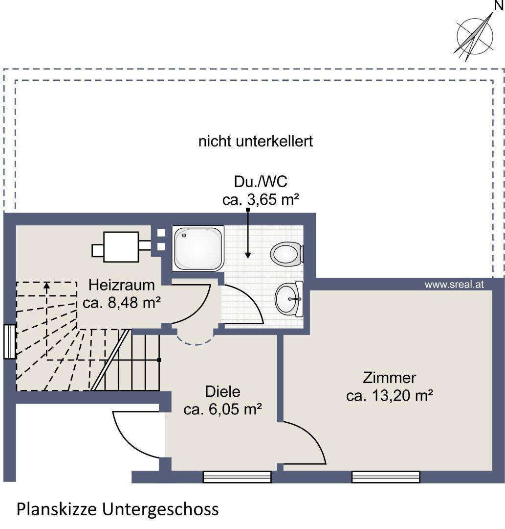 Grundriss des Untergeschosses mit Heizraum, Diele, Zimmer und Dusch-WC.