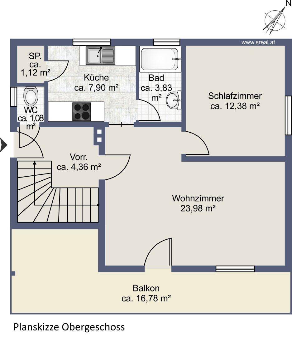 Grundriss des Obergeschosses mit Wohnzimmer, Schlafzimmer, Küche, Bad und großem Balkon.