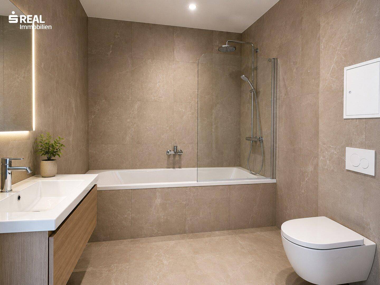 Elegantes Badezimmer mit Badewanne, Duschfunktion, modernem Waschtisch und Wand-WC, alles in warmen Grautönen.