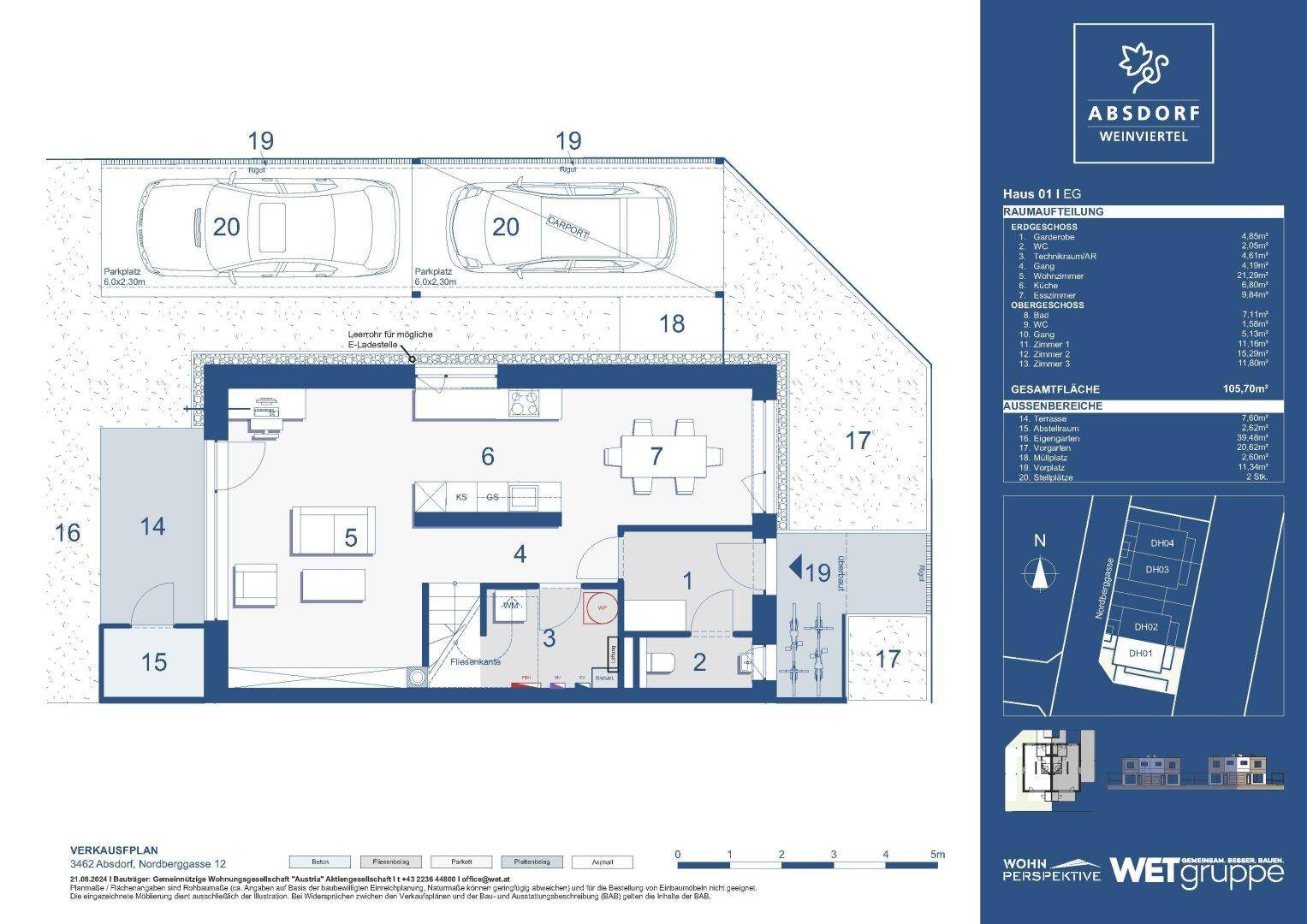 Grundriss des Erdgeschosses mit offenem Wohnbereich, Küche und Carport.