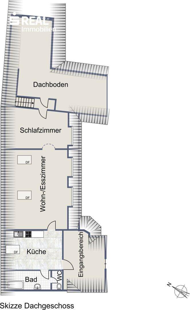 Grundriss des Dachgeschosses mit Schlafzimmer, Wohn-Esszimmer, Küche und Bad.