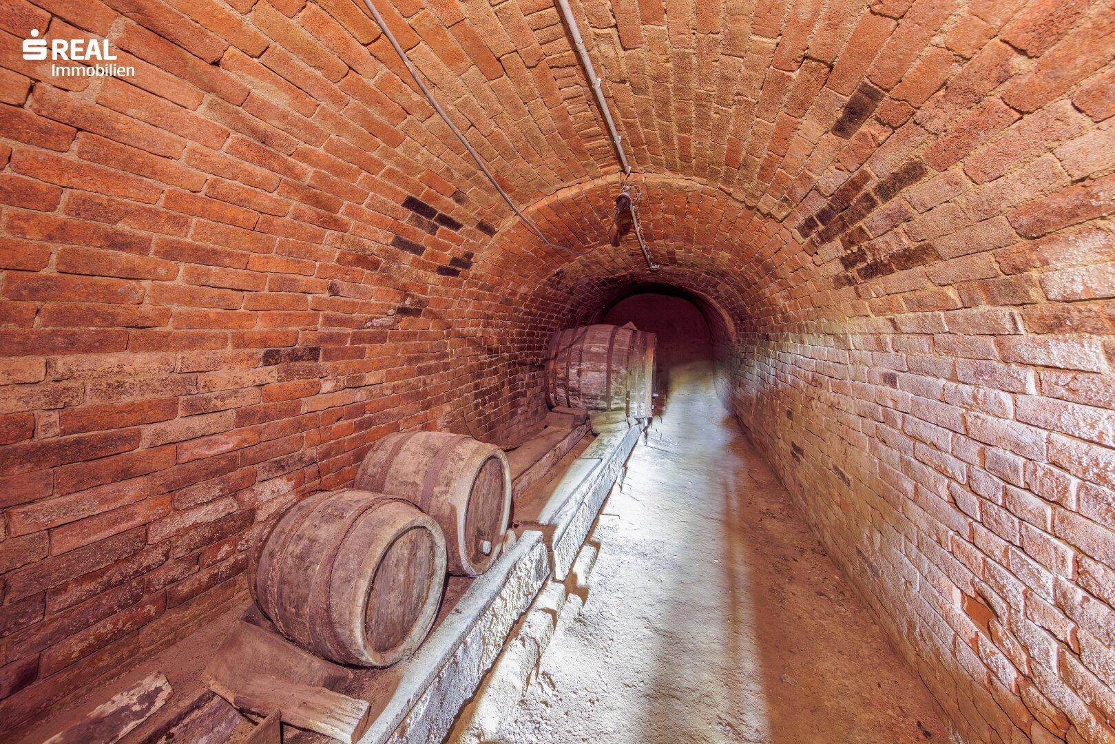 Langer, gewölbter Ziegelkeller mit mehreren Holzfässern zur Weinlagerung.