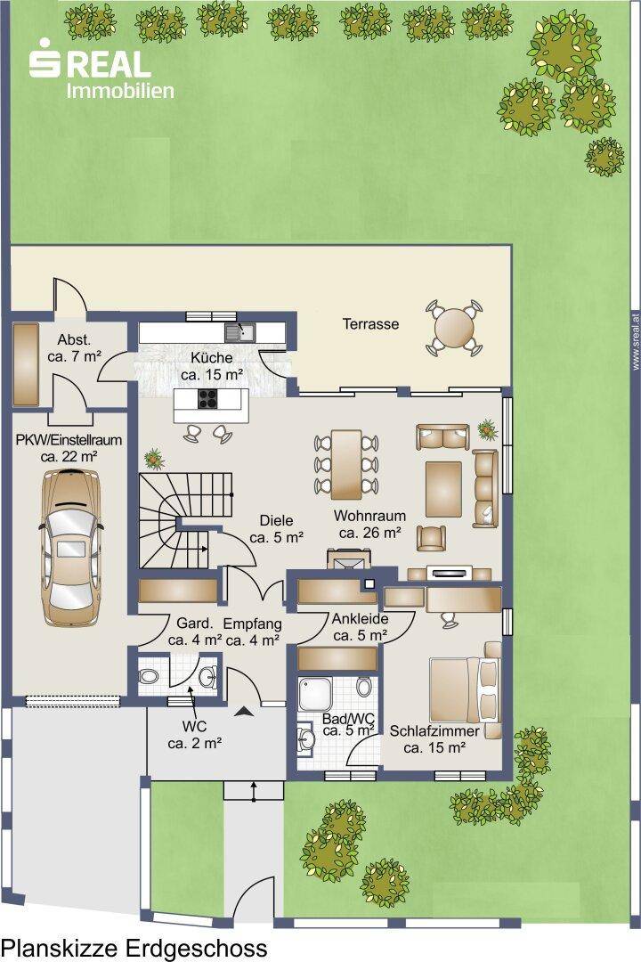 Grundriss des Erdgeschosses mit offener Küche, Wohnzimmer, Schlafzimmer und Terrasse.