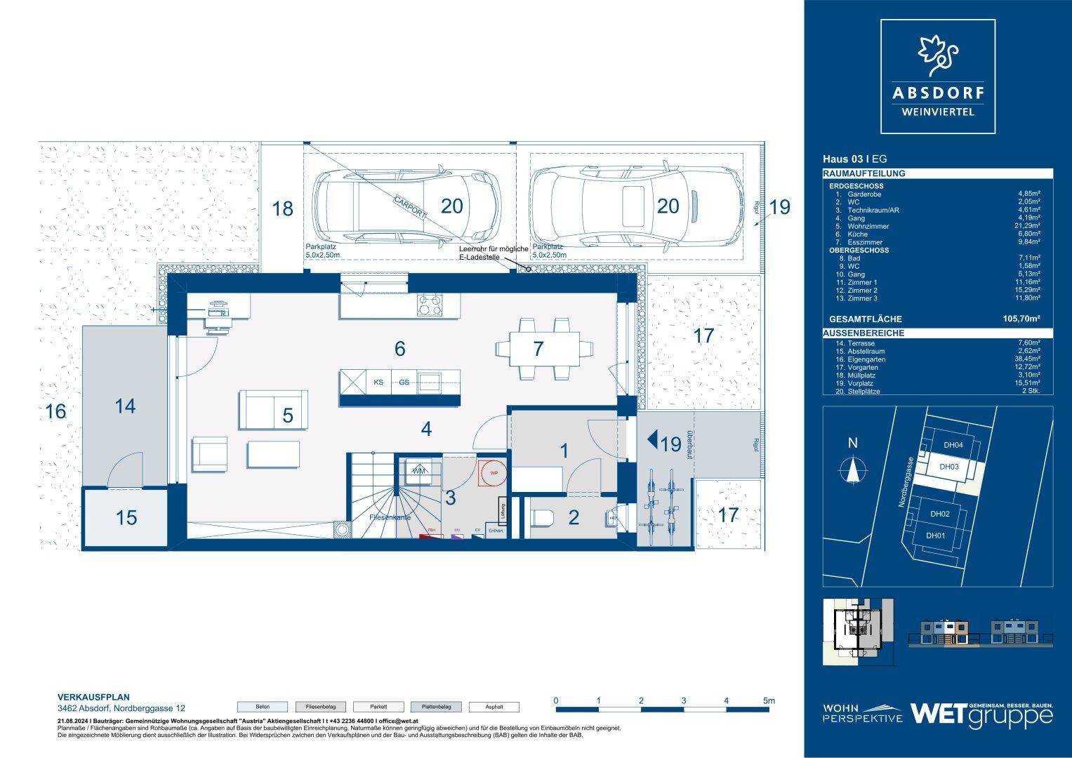 Grundriss des Erdgeschosses mit offenem Wohnbereich, Küche und Zugang zur Terrasse.