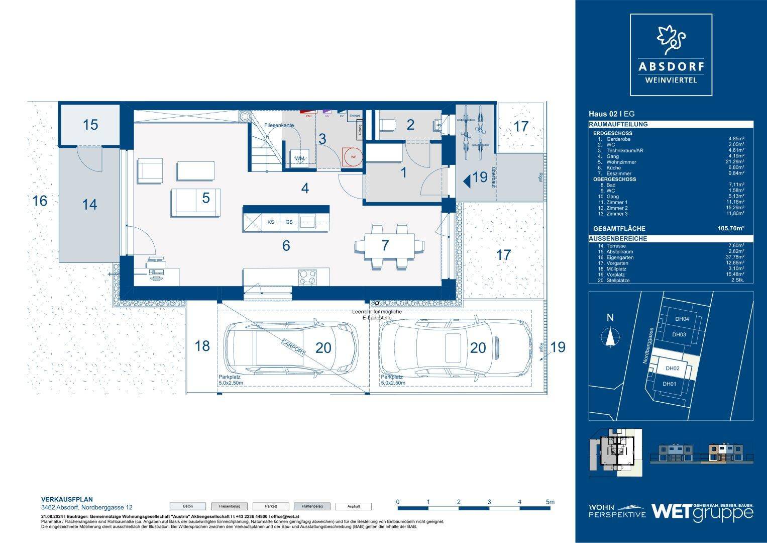 Grundriss des Erdgeschosses mit offenem Wohnbereich, Küche und Carport für zwei Fahrzeuge.