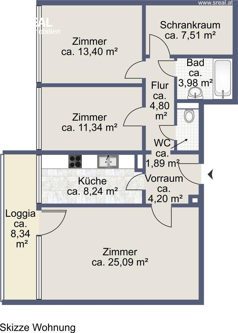 Grundriss der Wohnung mit Zimmern, Küche, Bad, WC und Loggia, inklusive Flächenangaben.