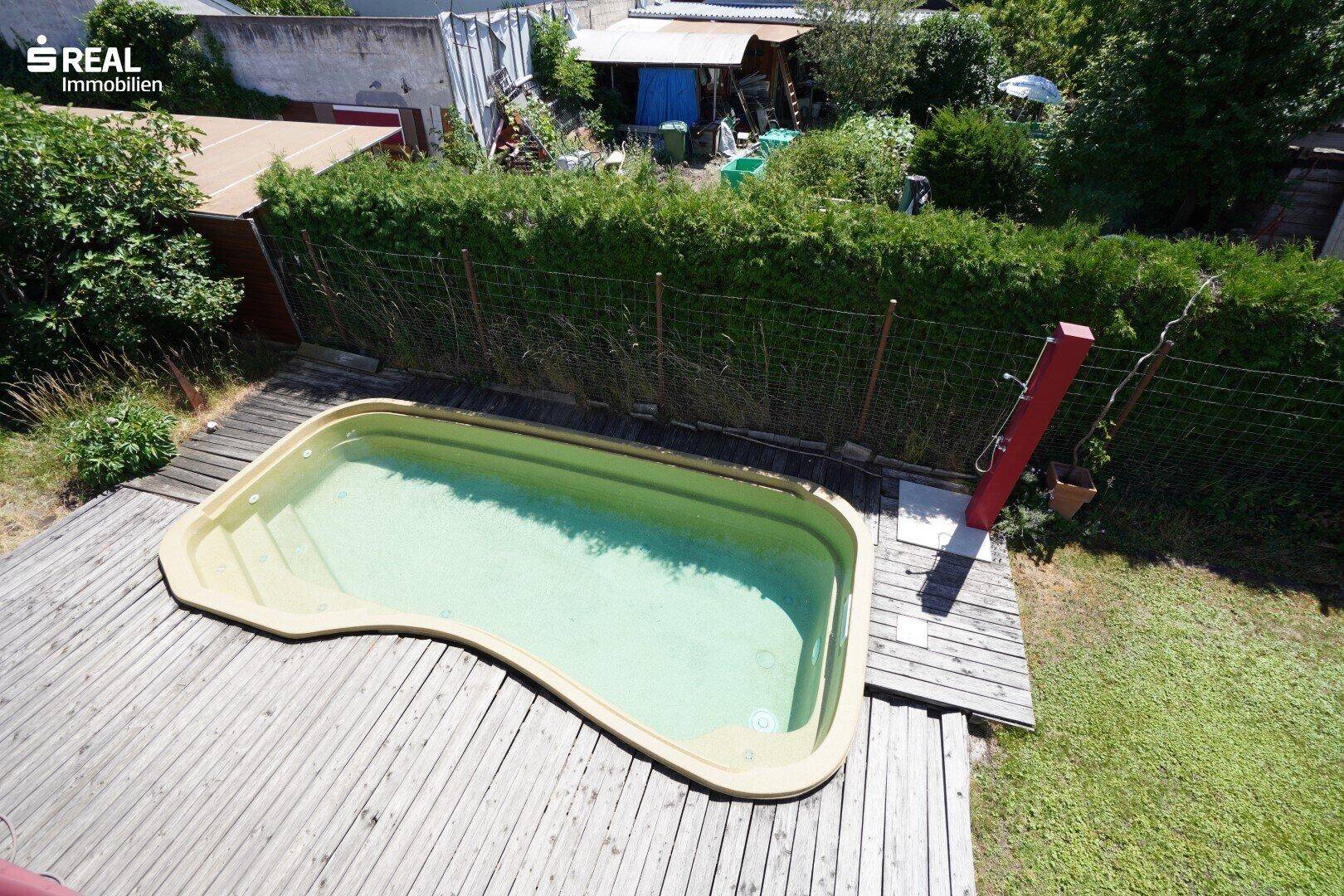 Kleiner Pool mit Holzdeck und umgebender Hecke im sonnigen Gartenbereich.