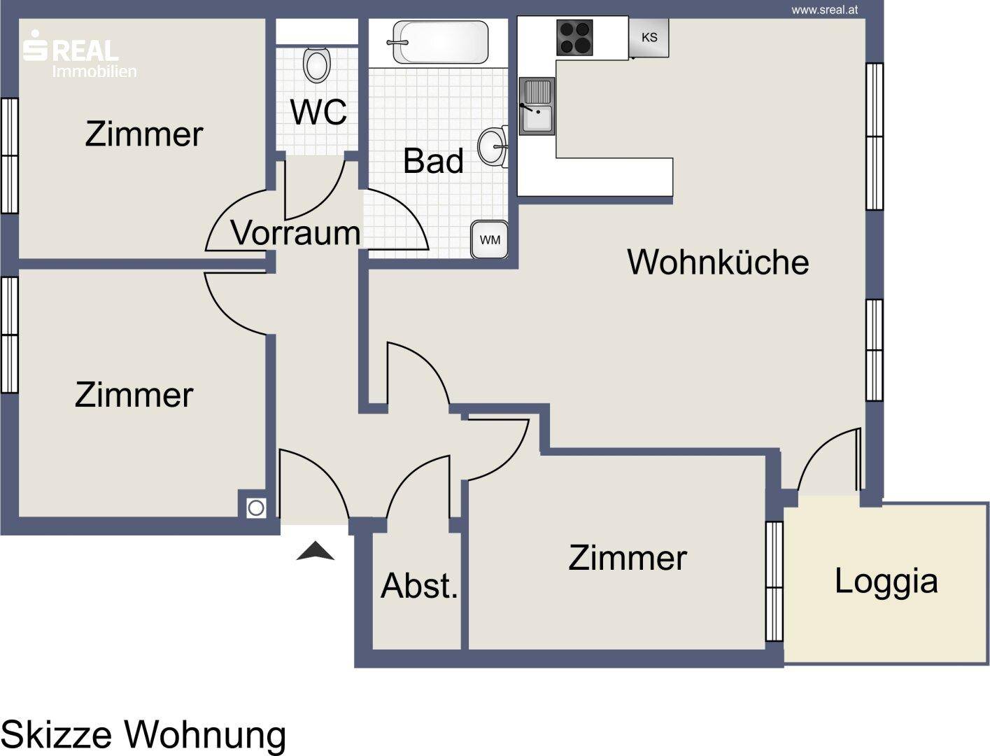 Grundriss der Wohnung mit drei Zimmern, Wohnküche, Bad und Loggia.