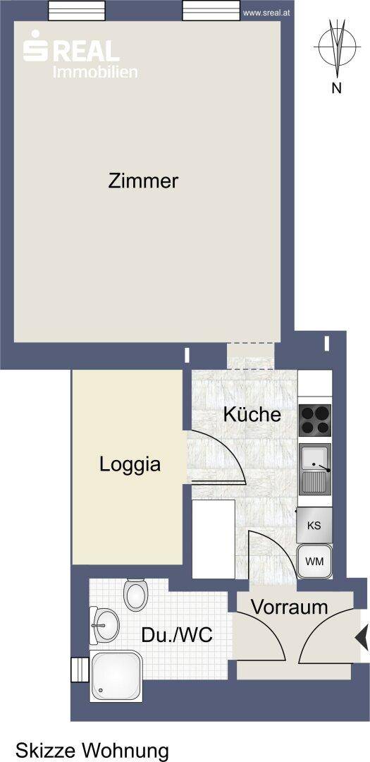 Grundriss einer Wohnung mit Zimmer, Loggia, Küche und Bad/WC.