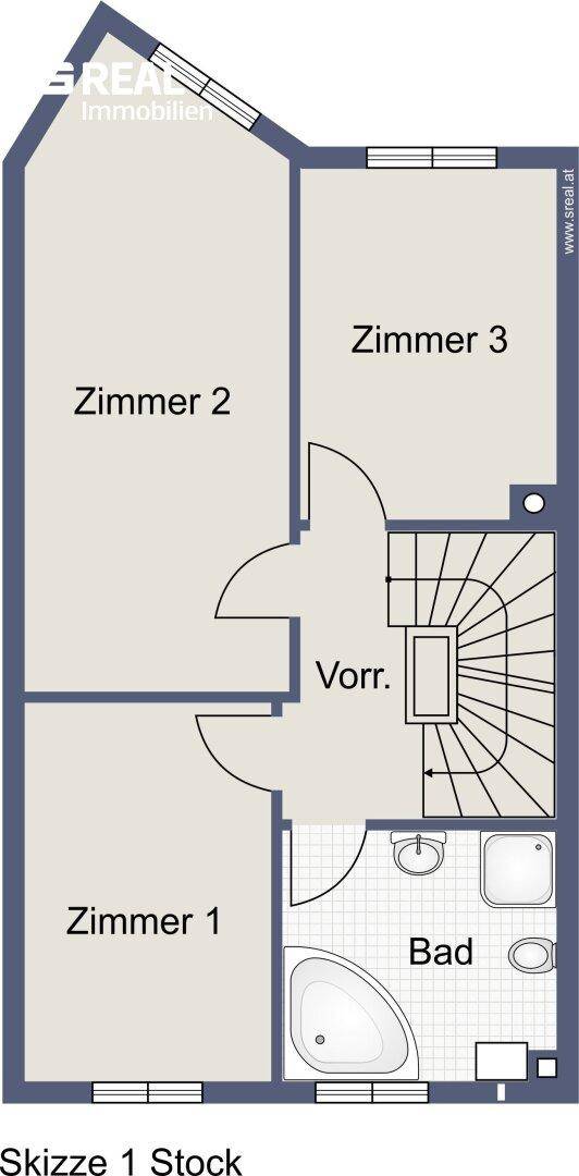 Grundriss des ersten Stocks mit drei Zimmern, einem Badezimmer und Treppenaufgang.
