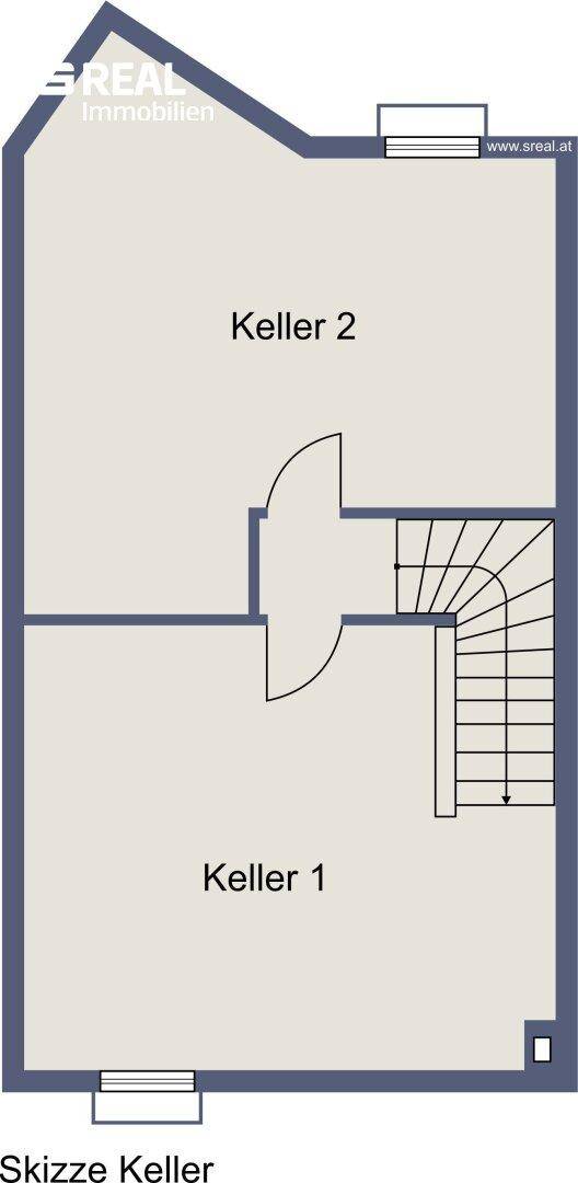 Grundriss des Kellers mit zwei Kellerräumen und Treppenabgang.