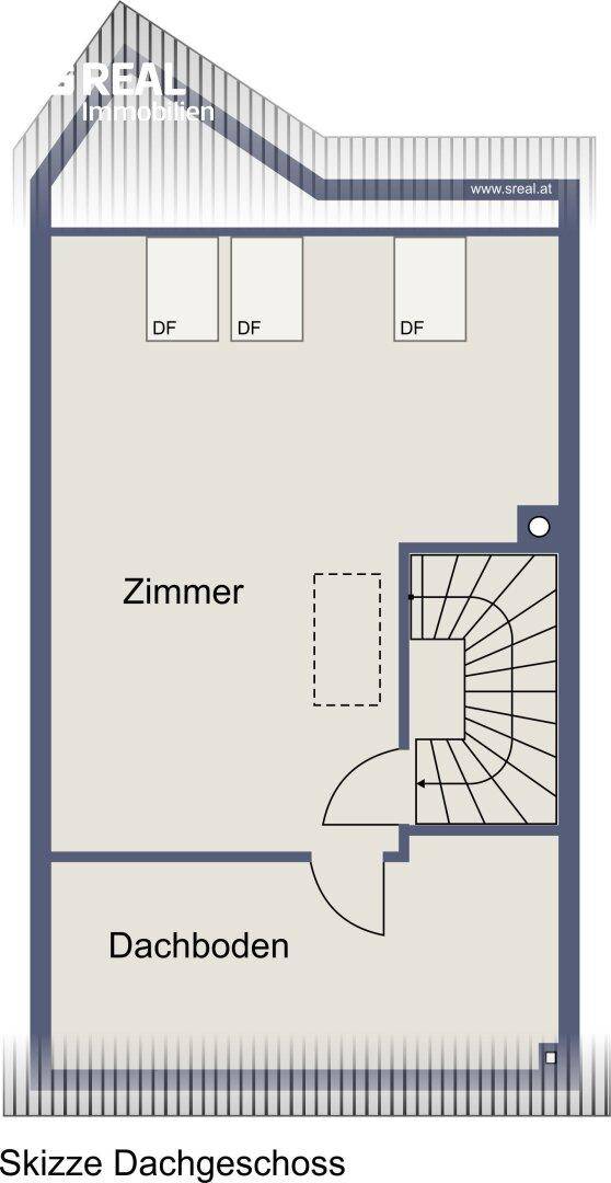 Grundriss des Dachgeschosses mit einem Zimmer, Dachboden und Treppenaufgang.