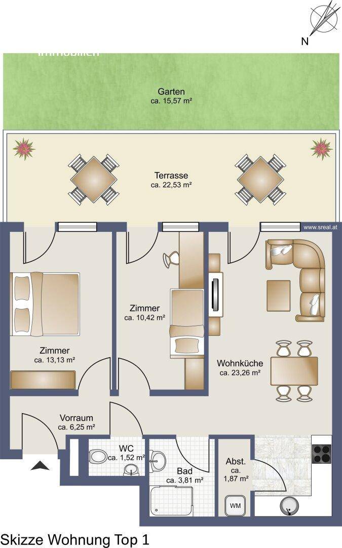 Grundriss der Wohnung Top 1 mit Wohnküche, zwei Zimmern, Bad, WC, Abstellraum, Terrasse und Garten.