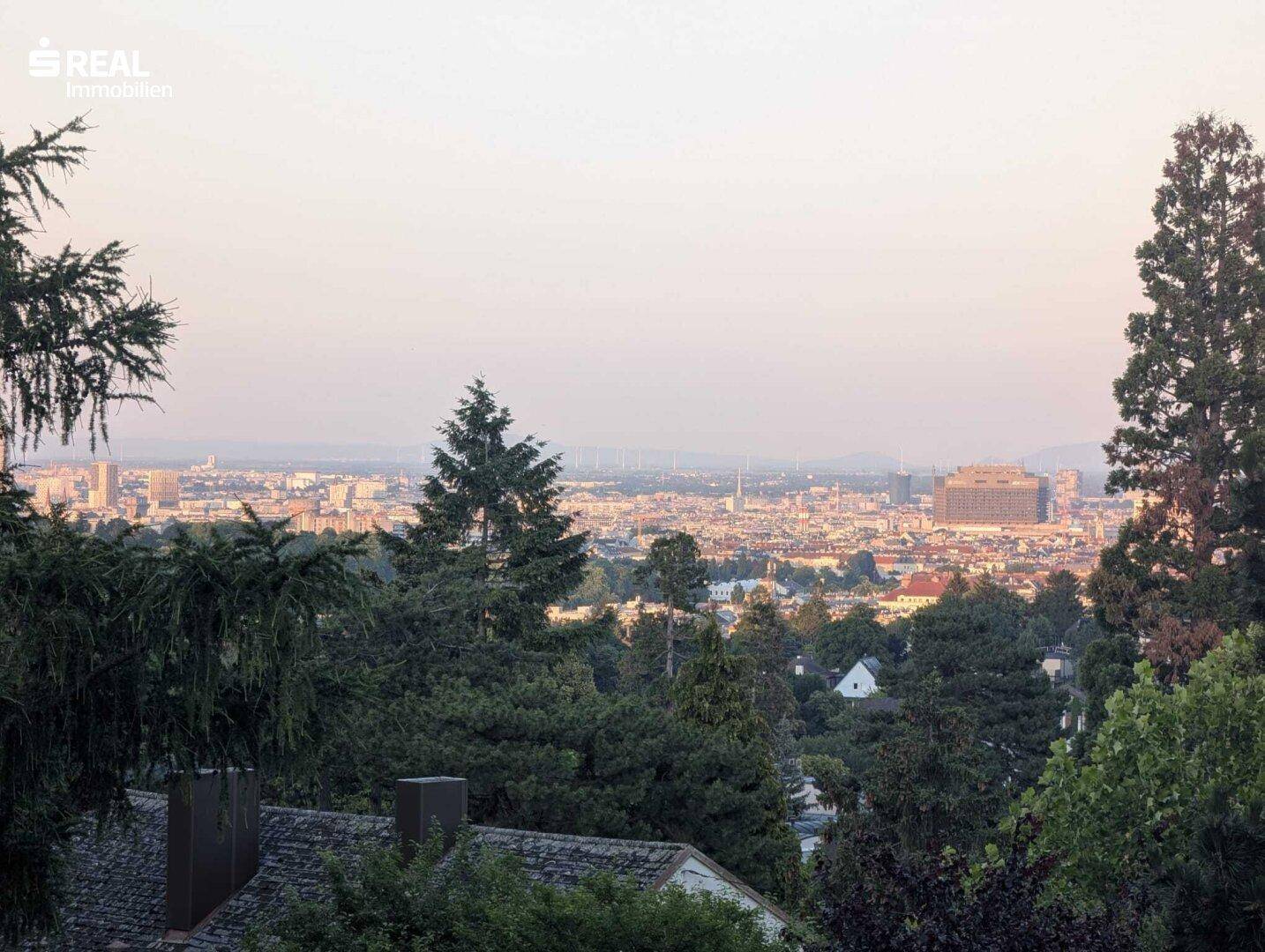 Panoramablick über die Stadt und die umliegende grüne Landschaft bei Sonnenuntergang.