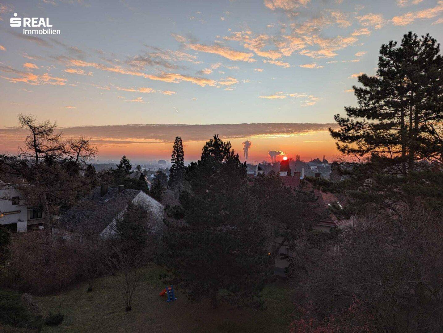 Malerischer Sonnenuntergang über der Stadt mit weitem Blick über die Dächer und Bäume.