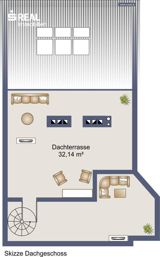 Grundriss des Dachgeschosses mit großer Dachterrasse und offenem Wohnbereich.