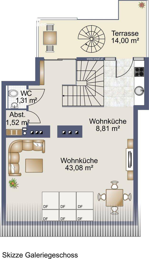 Grundriss des Galeriegeschosses mit offener Wohnküche und direktem Zugang zur Terrasse.
