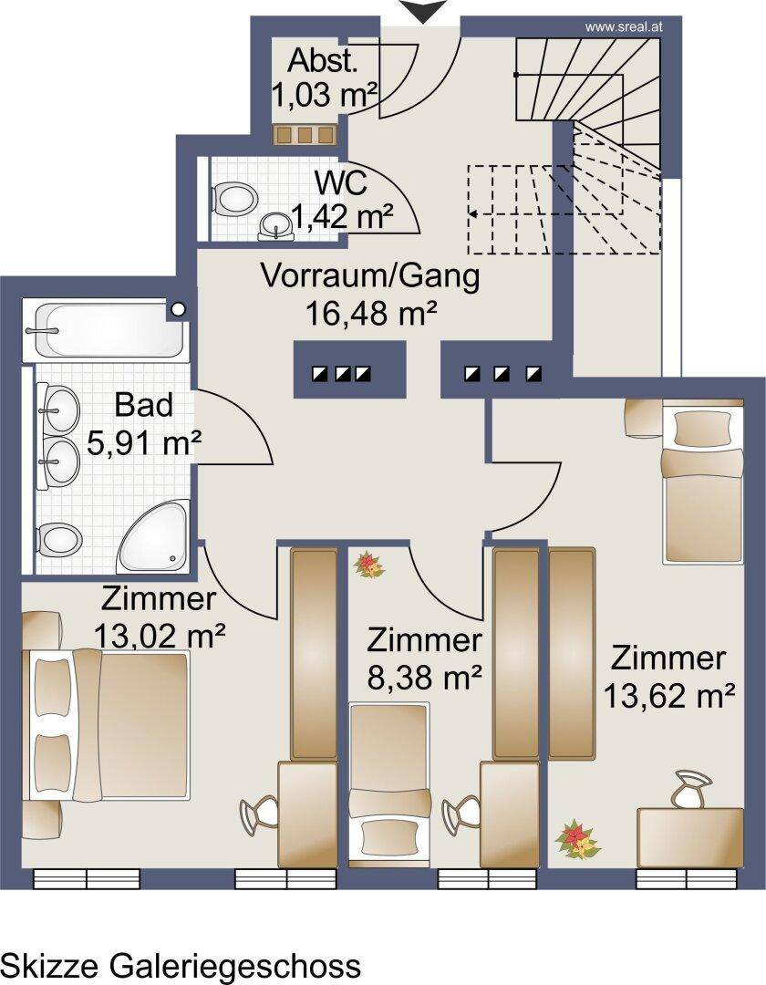 Grundriss des Galeriegeschosses mit drei Zimmern, einem Bad und einem separaten WC.