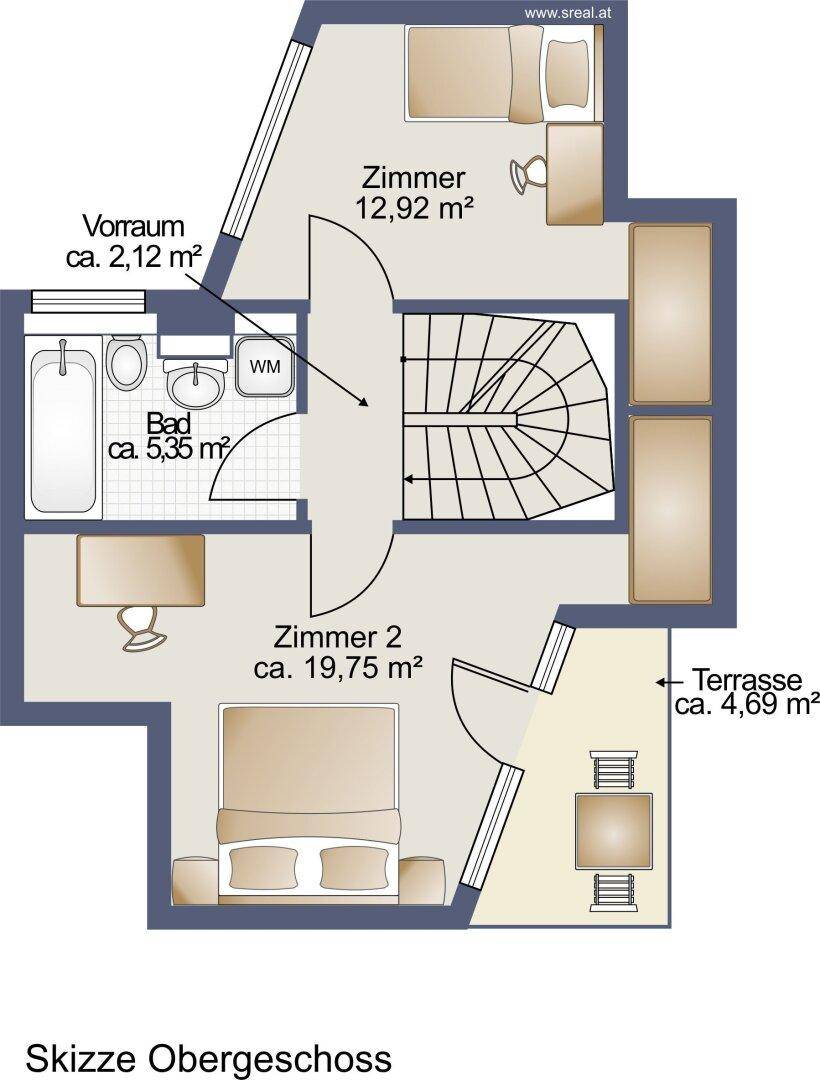 Grundriss des Obergeschosses mit zwei Zimmern, Bad und kleiner Terrasse.