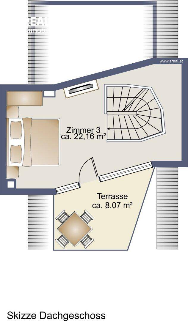 Grundriss des Dachgeschosses mit einem Zimmer und einer weiteren Terrasse.
