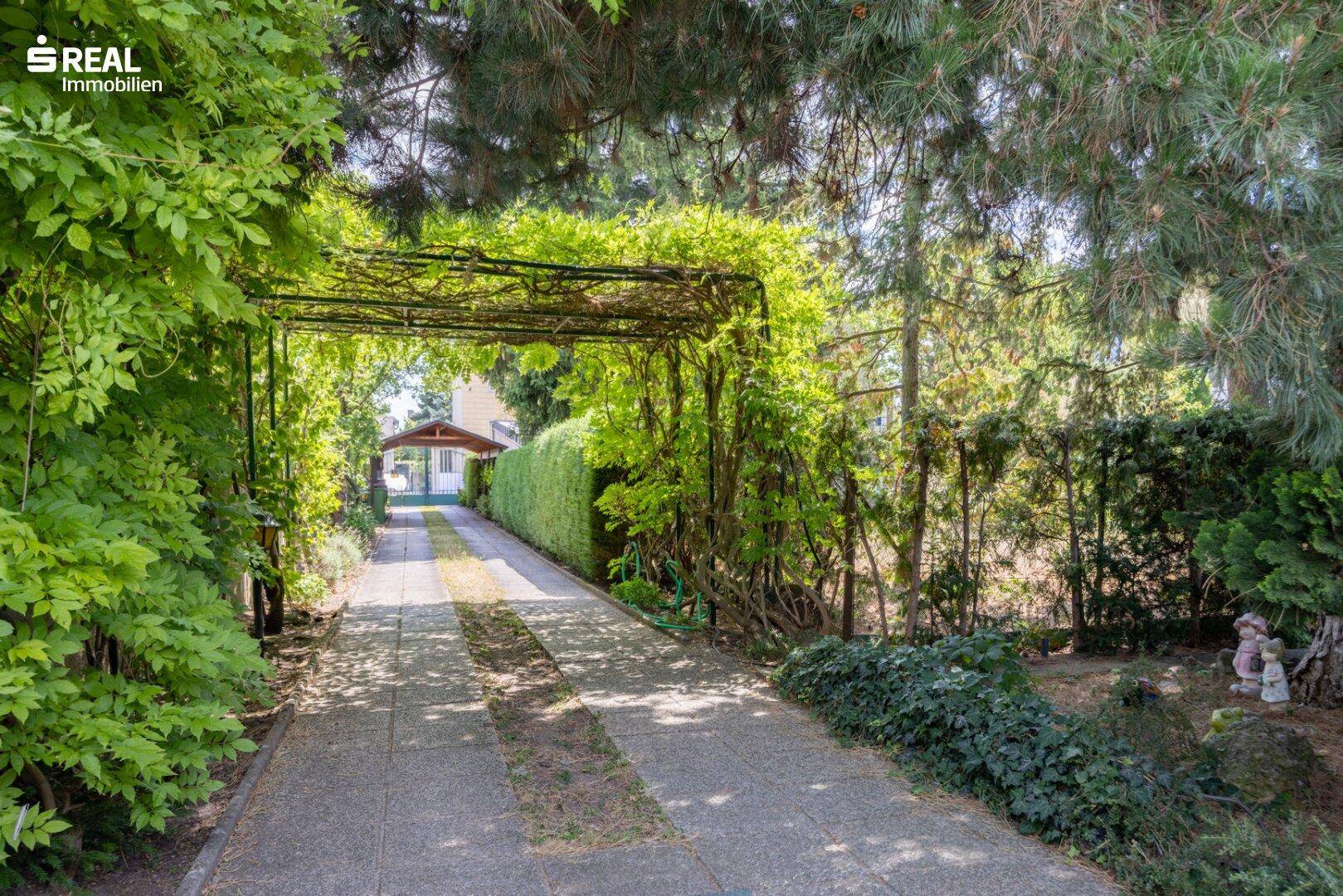 Grüne, von Pflanzen bewachsene Auffahrt, die zum Eingang des Hauses führt.