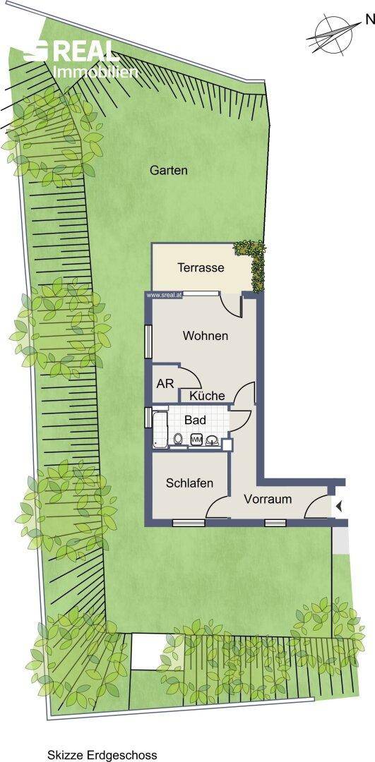 Grundriss des Erdgeschosses mit Garten, Terrasse, Wohnbereich, Küche, Bad und Schlafzimmer.