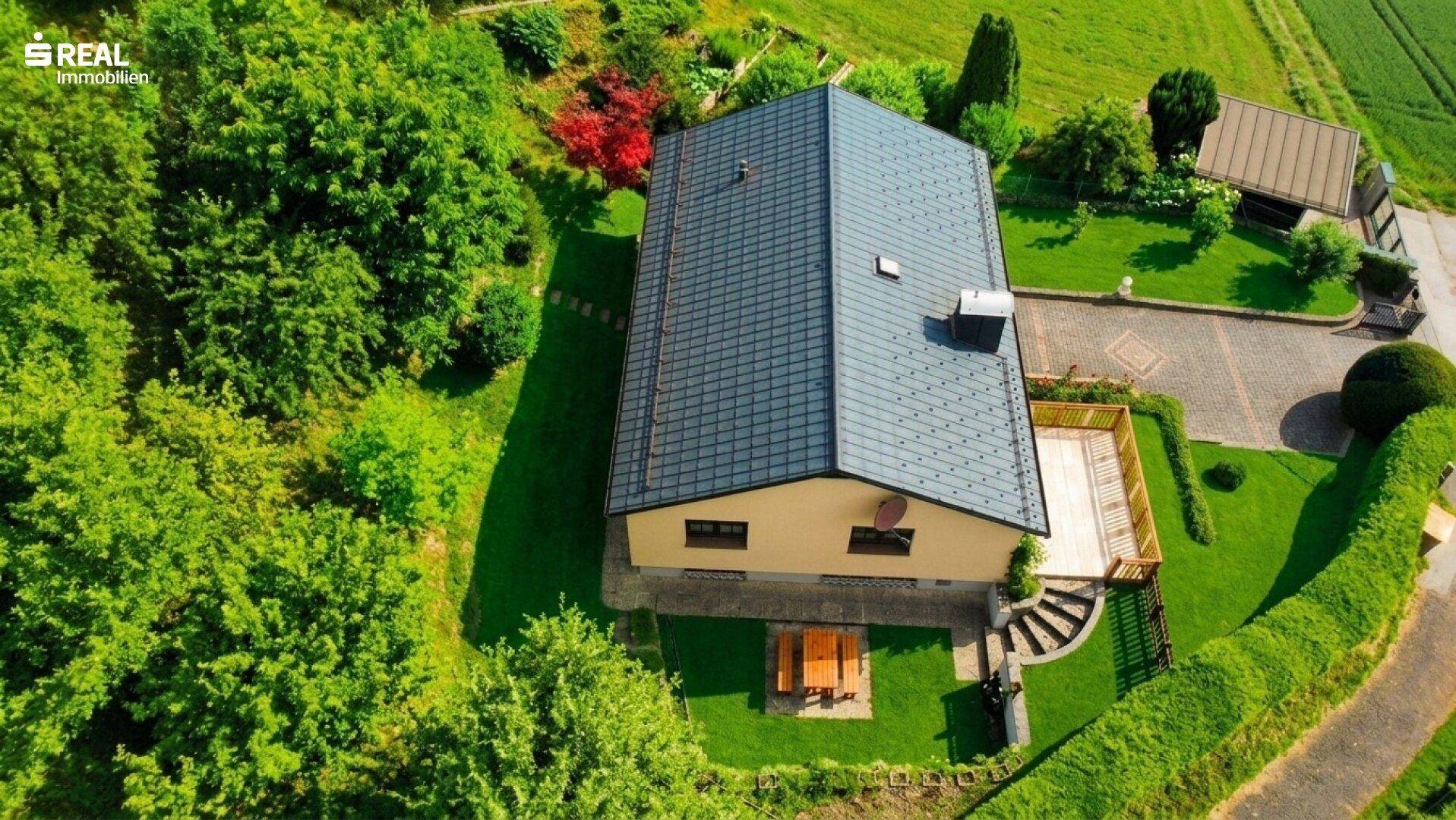 Dachansicht des Hauses mit Terrasse und dem umliegenden, hügeligen Grünland.