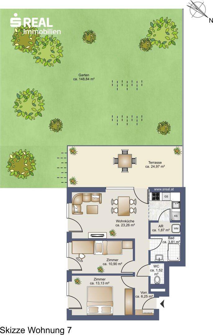 Grundriss einer Wohnung mit offener Wohnküche, zwei Zimmern, Bad, WC, Terrasse und großem Garten.