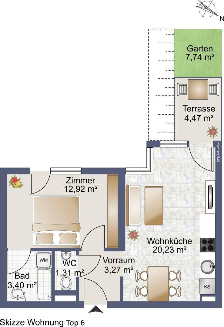 Dieser Grundriss zeigt eine Wohnung mit einem Schlafzimmer, einer offenen Wohnküche, einem Bad, einem separaten WC sowie einer Terrasse und einem kleinen Garten.