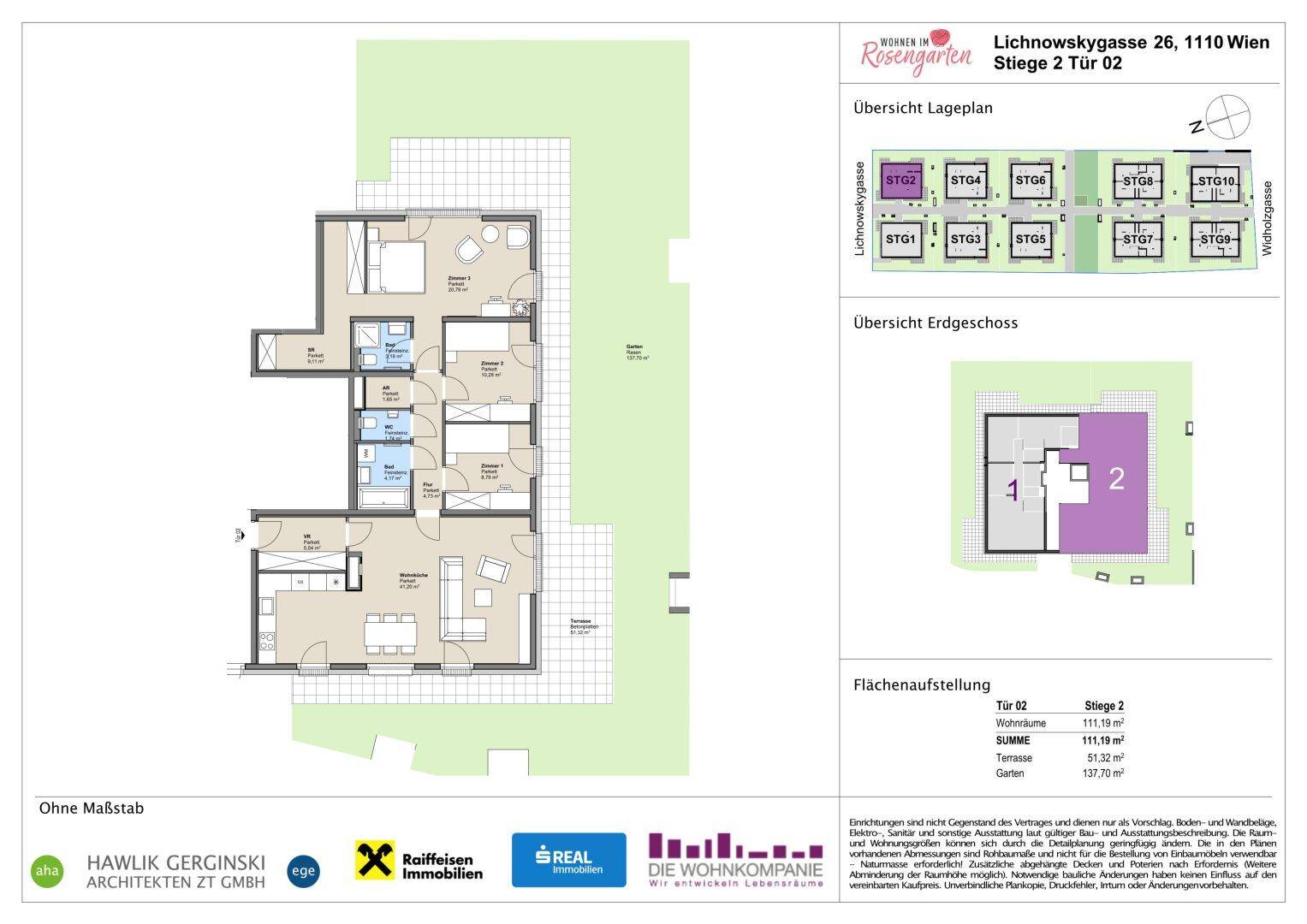 Grundriss einer Wohnung mit drei Schlafzimmern, offenem Wohn-Essbereich, zwei Bädern, separatem WC, Terrasse und Garten.