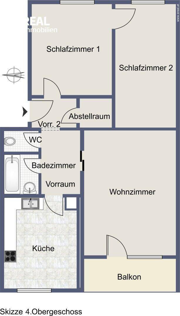Grundriss des Obergeschosses mit zwei Schlafzimmern, Wohnzimmer, Küche und Balkon.