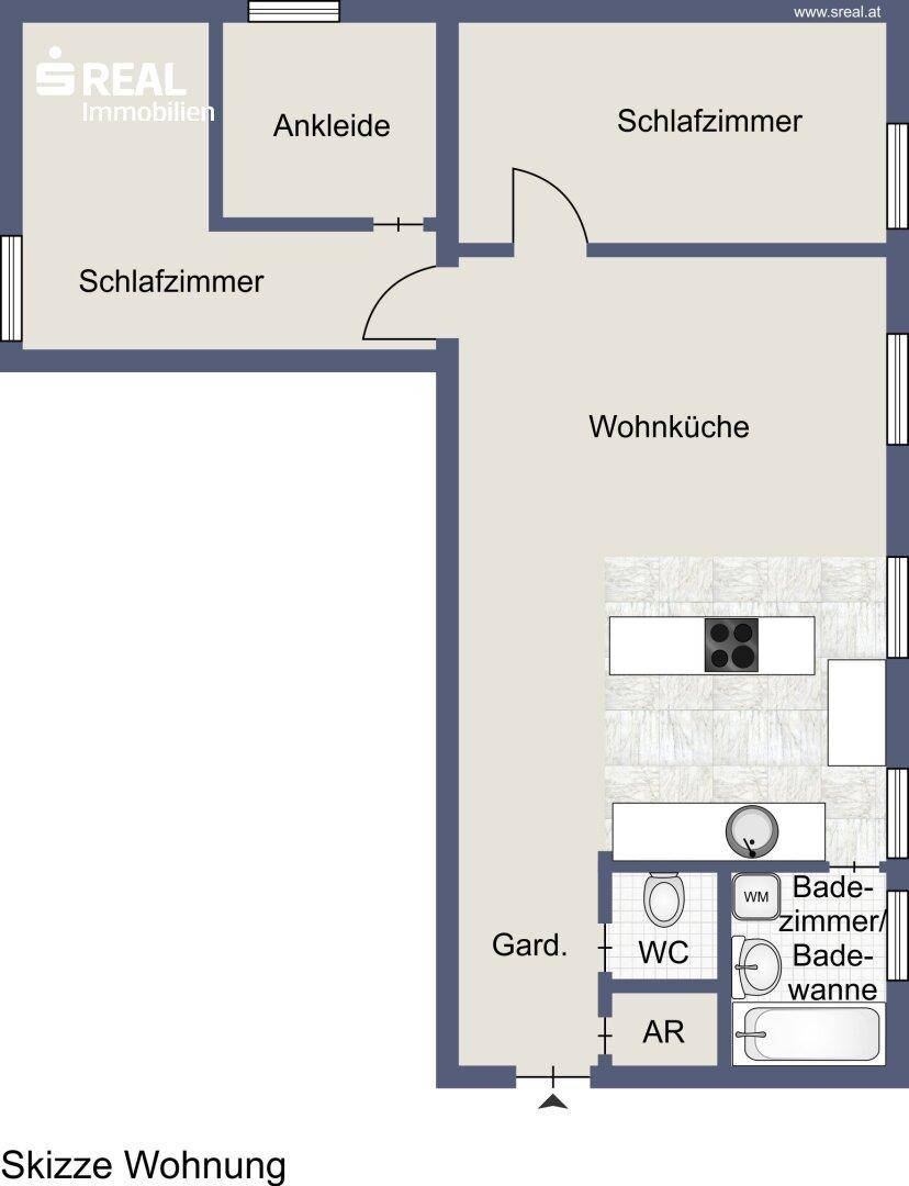 Grundriss einer Wohnung mit zwei Schlafzimmern, Ankleide und offener Wohnküche. Ein separates WC und ein Badezimmer mit Badewanne sind ebenfalls vorhanden.