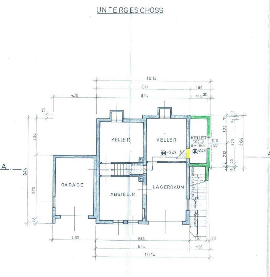 Grundriss des Untergeschosses mit Garage, Kellerräumen und Abstellraum.