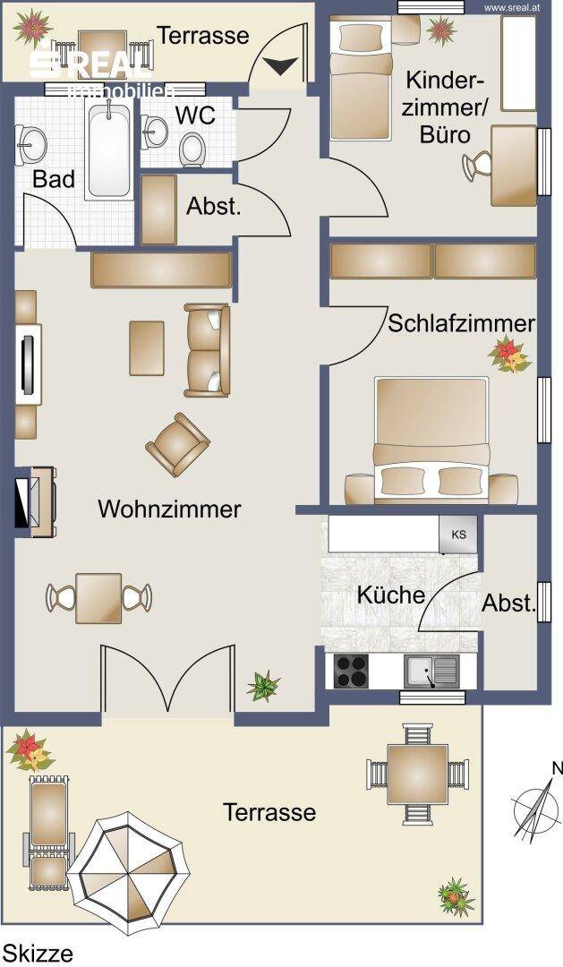 Grundriss einer Wohnung mit Wohnzimmer, separater Küche, zwei Schlafzimmern und zwei Terrassen.