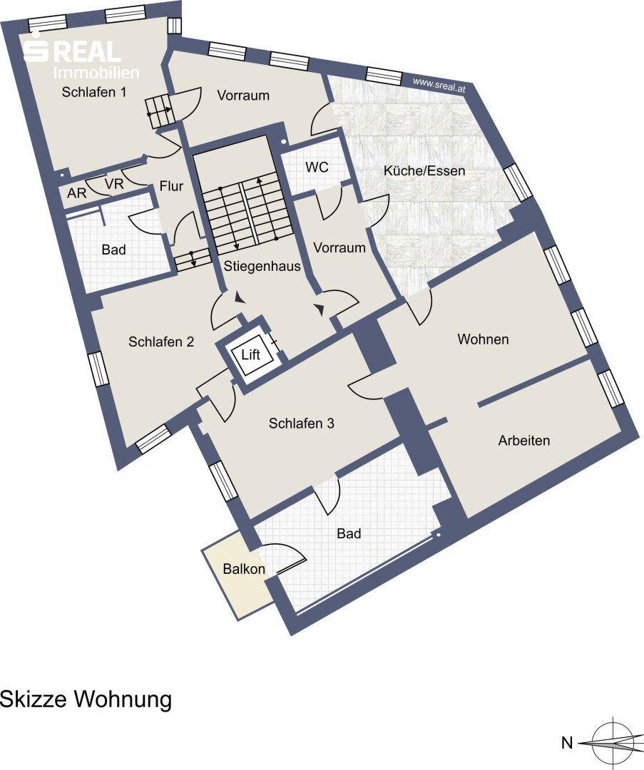 Detaillierter Grundriss einer Wohnung mit drei Schlafzimmern, offenem Wohnbereich und Balkon.