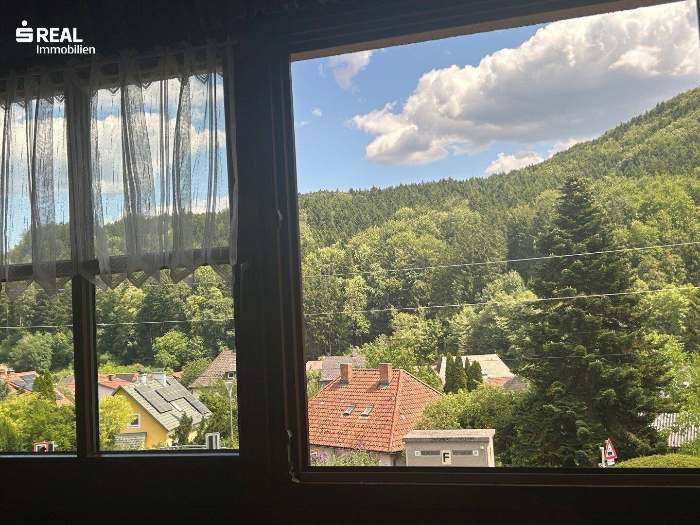 Fensterblick auf die grünen Berge und die Dächer der Häuser im Tal.