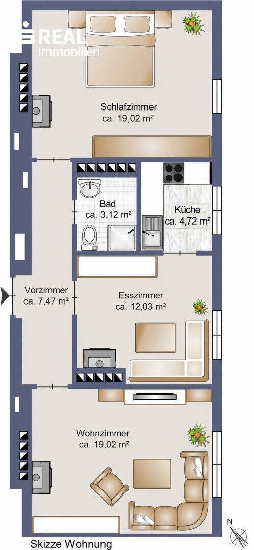 Detaillierter Grundriss einer Wohnung mit Schlafzimmer, Bad, Küche, Esszimmer und Wohnzimmer.