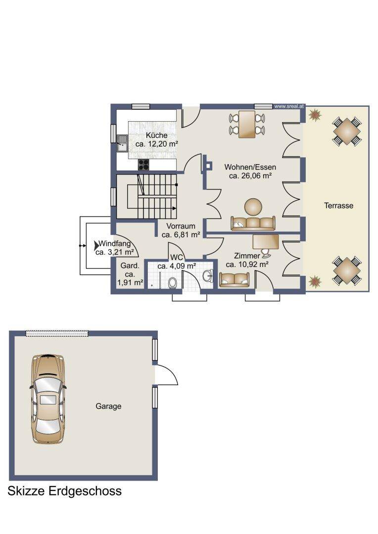 Grundriss des Erdgeschosses mit Küche, Wohn-/Essbereich, Zimmer und Terrasse.