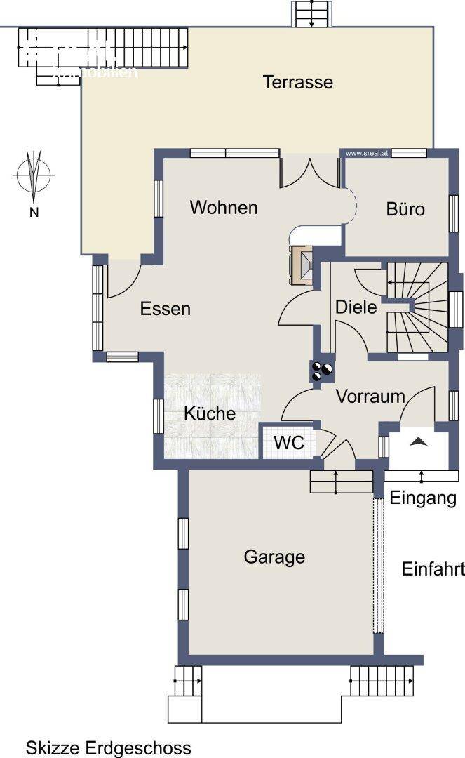 Grundriss des Erdgeschosses mit offenem Wohn-Essbereich, Küche, Büro und großer Terrasse.