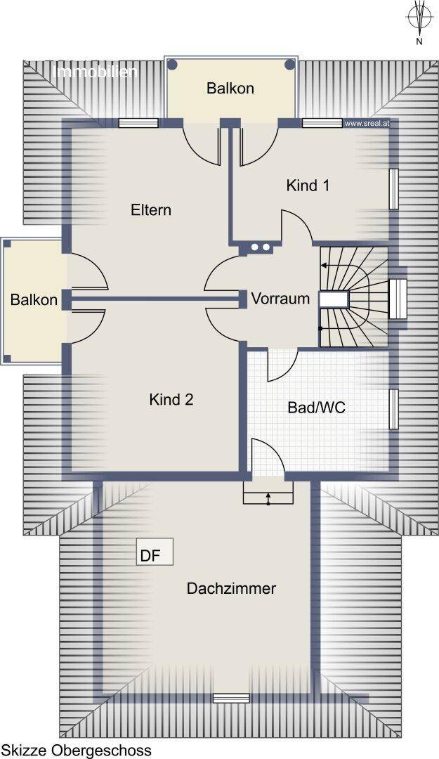 Grundriss des Obergeschosses mit drei Schlafzimmern, Bad/WC, Dachzimmer und zwei Balkonen.