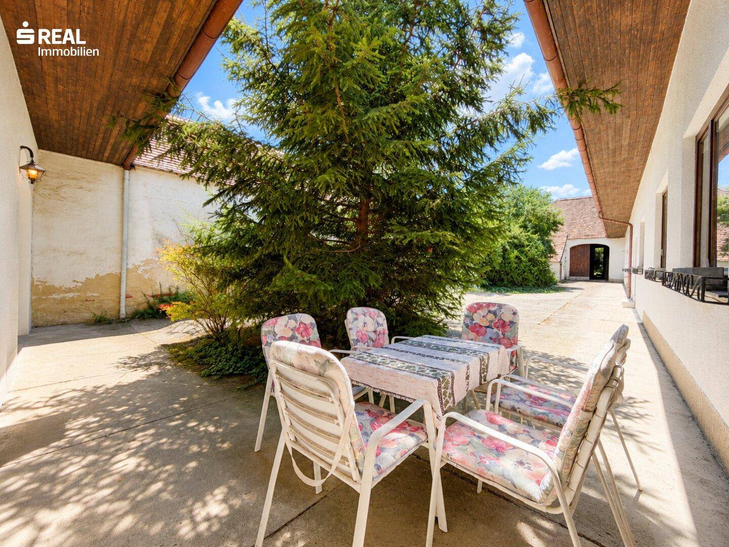 Gemütlicher Innenhof mit Sitzgelegenheiten unter einem großen Baum, ideal für Entspannung im Freien.