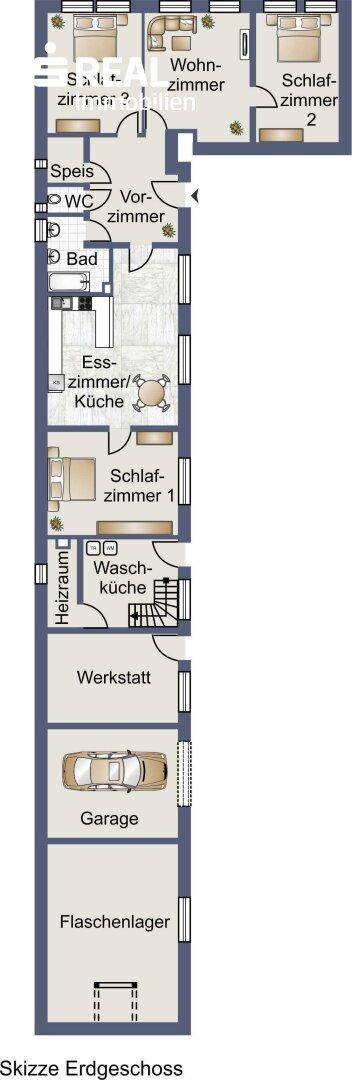 Grundriss des Erdgeschosses mit Wohnzimmer, zwei Schlafzimmern, Essküche und Garage.